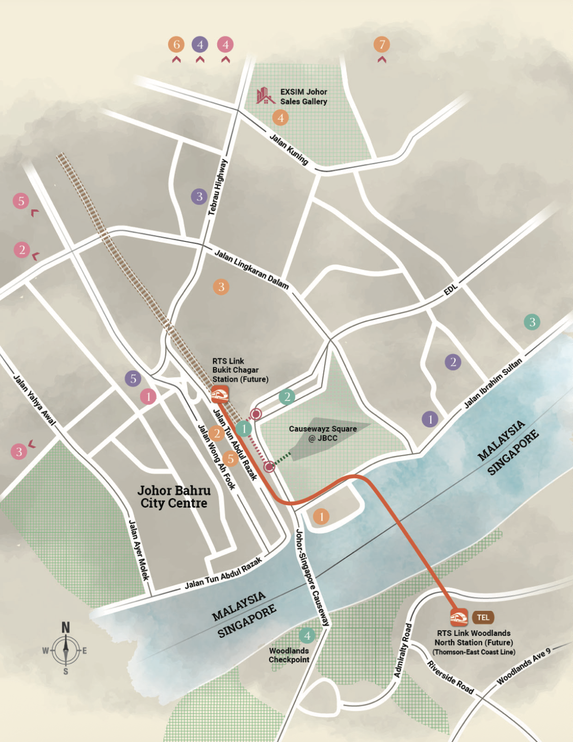 Location map showing Causewayz Square at JBCC, Johor Bahru City Centre, RTS stations, and the Malaysia–Singapore crossing